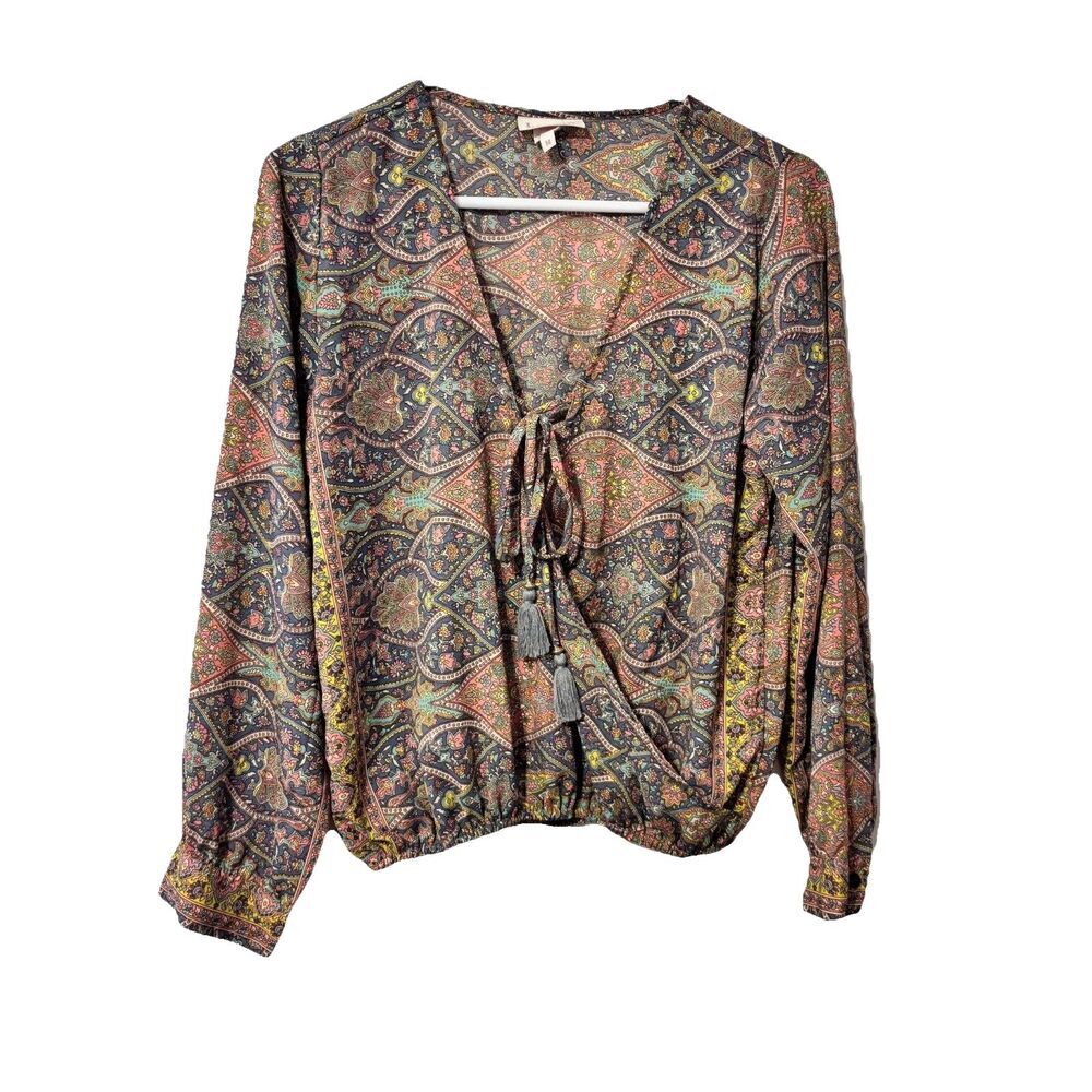 Boemo Anthro Wrap‎ Blouse Top Medium Multicolor Paisley Tasseled Tie Front Boho